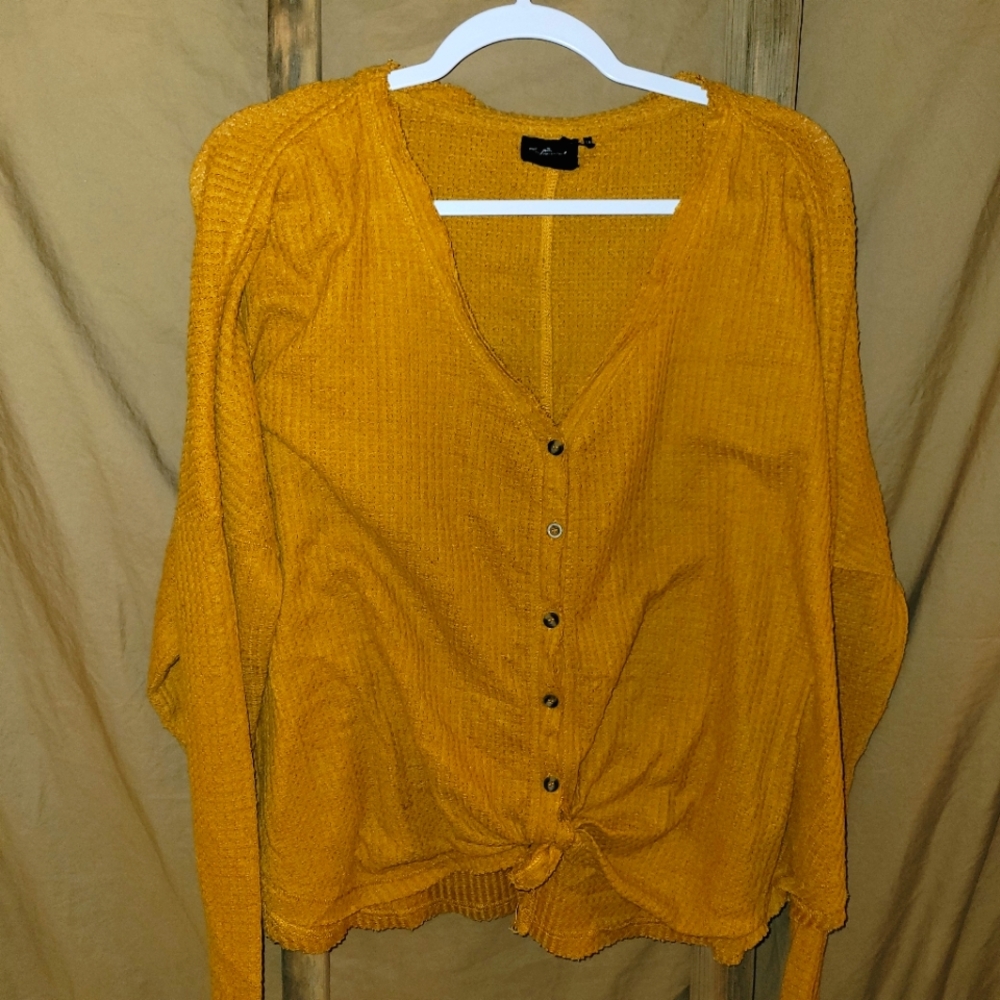 Out from Under Mustard Button Down Tie Front Thermal Long Sleeve Top